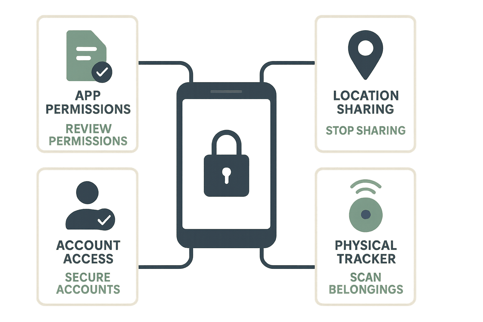 Decision guide showing the different routes for app, account, sharing, and physical phone tracking